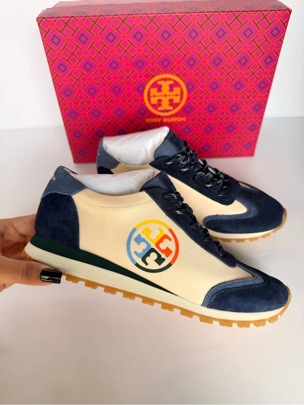 Tory Burch Annie Nylon Runner Sneakers New Cream Tempesta Blue Suede 7.5